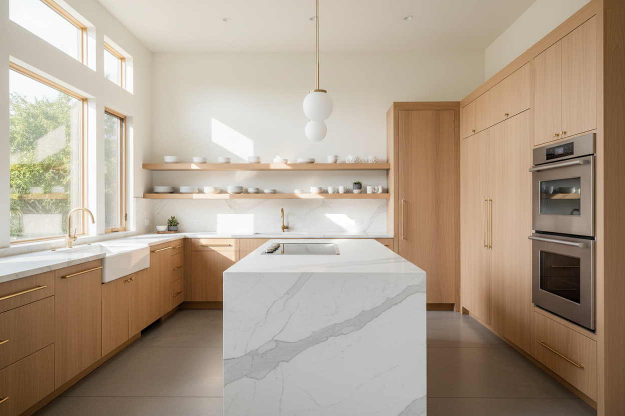 Upscale kitchen interior with integrated refrigerator and wall oven